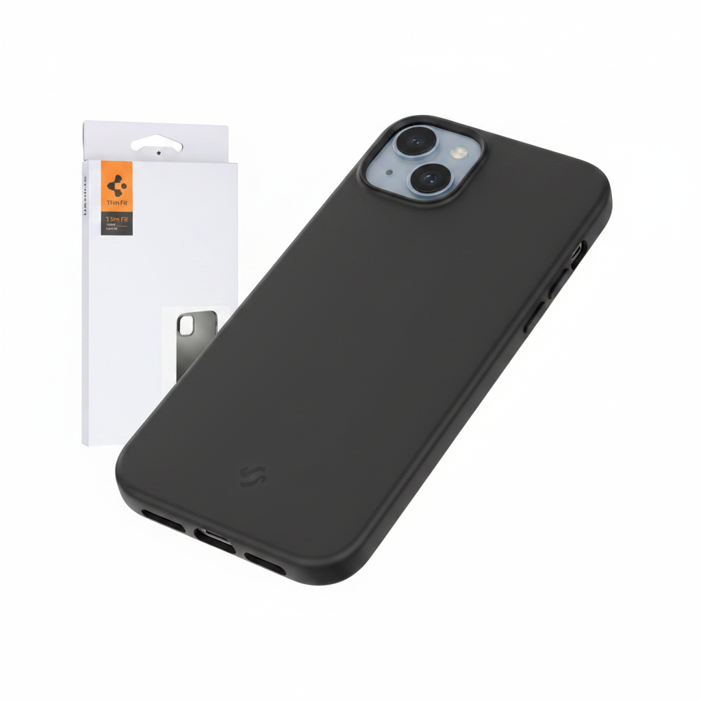 Schrägansicht des Spigen Thin Fit Case Schwarz für iPhone 14 Plus – 1,55 mm Profil