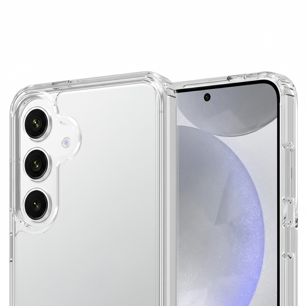 okkes Jump Plus Case S25+ – Detailansicht verstärkte Ecke Plexiglas-Rückseite Kameraausschnitt