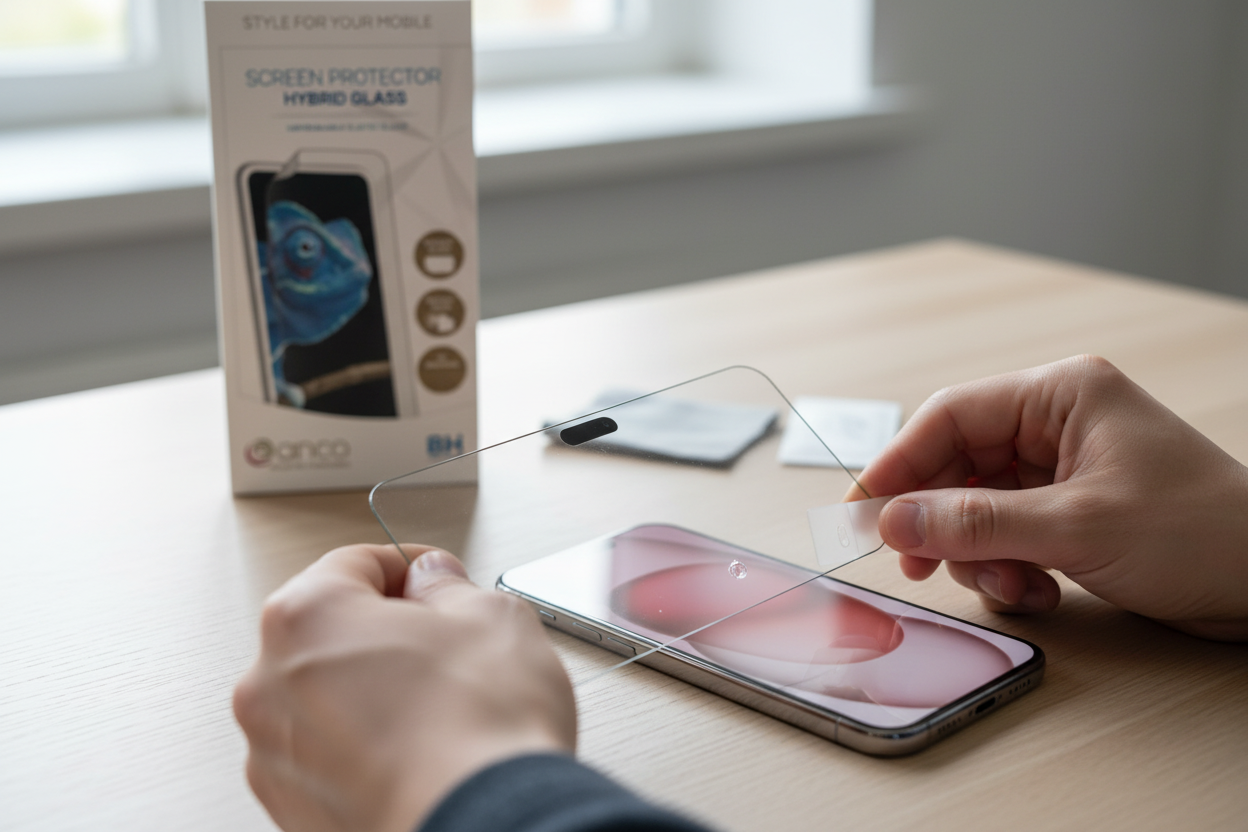 Person bringt anco Hybrid Glass Schutzglas auf Apple iPhone 15 Plus auf