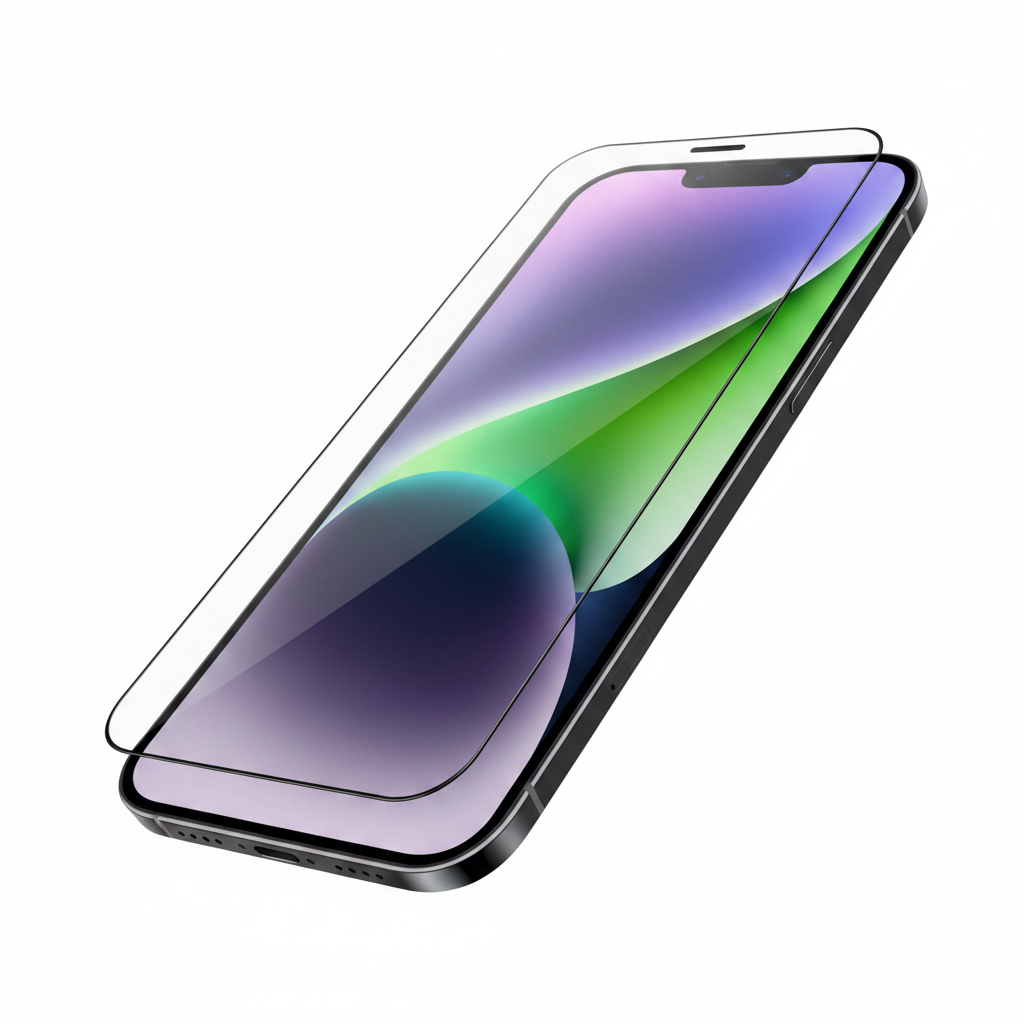 Schrägansicht des anco 9H Fullscreen Panzerglas für iPhone 14 Plus – 0,33 mm ultradünn