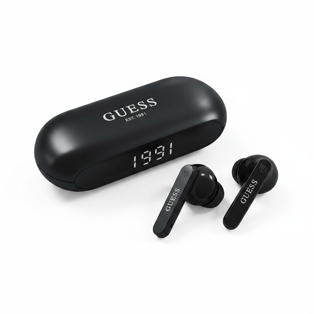 Guess ENC TWS Wireless Earbuds – Schrägansicht Earbuds & Case