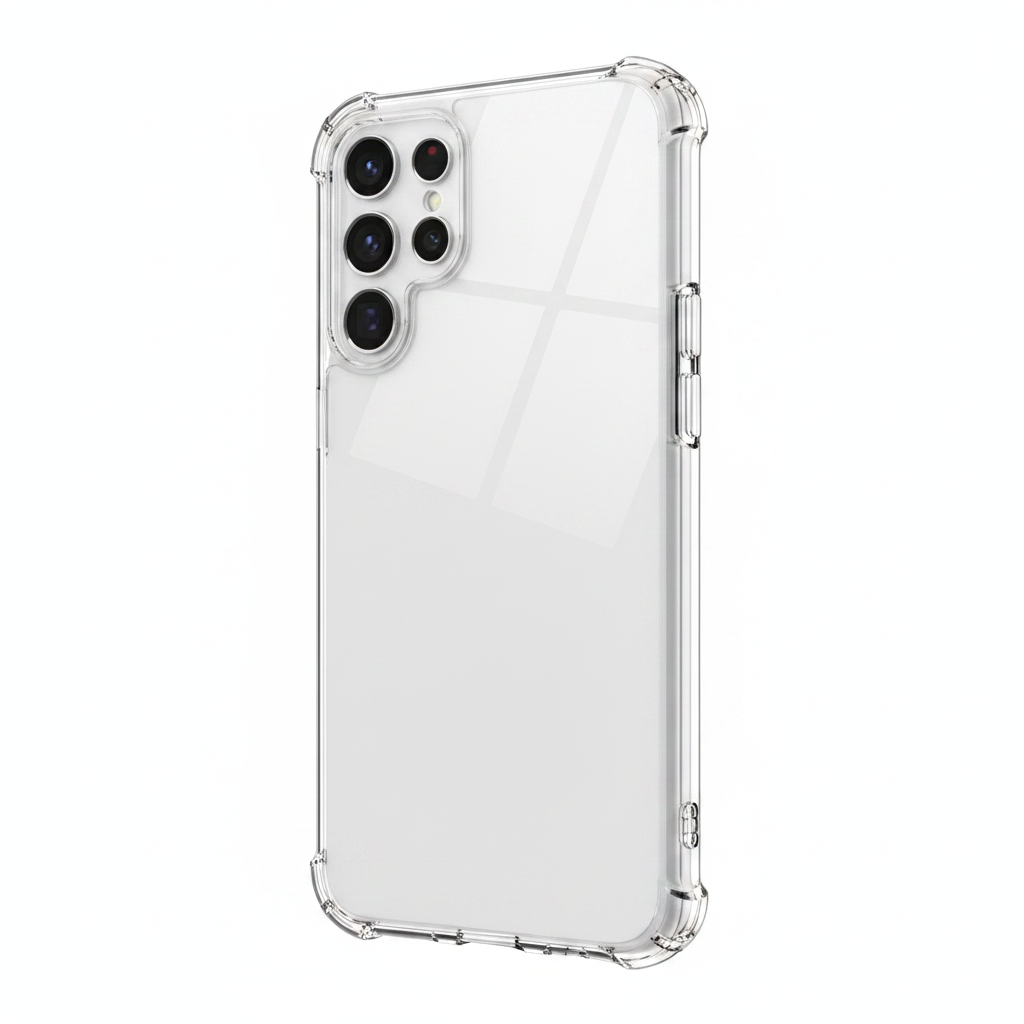okkes Jump Plus Case S25 Ultra – Schrägansicht transparente Plexiglas-Rückseite