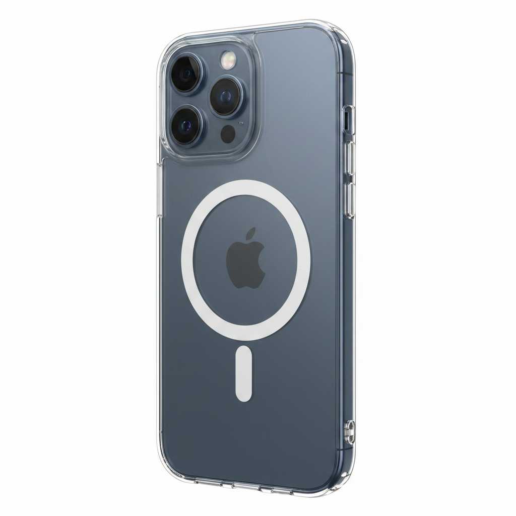 Transparente iPhone 15 Pro Max MagSafe Hülle – 3/4 Ansicht mit iPhone