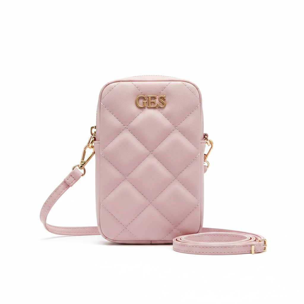 Rosa Guess Quilted 4G Phone Bag Umhängetasche aus PU Leder mit Metalllogo – Frontansicht