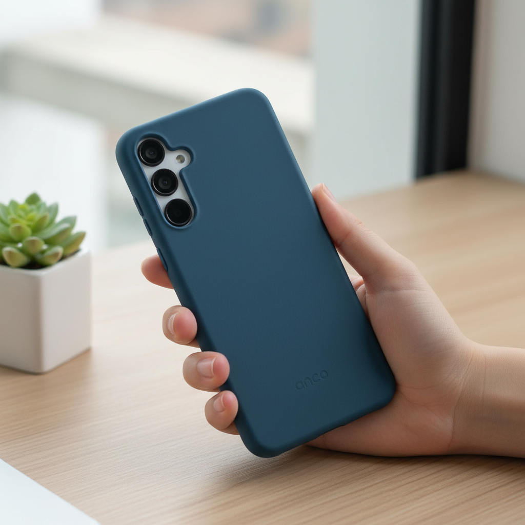 anco Bioly Case Galaxy A55 5G – Lifestyle Rückansicht nachhaltige Hülle in der Hand
