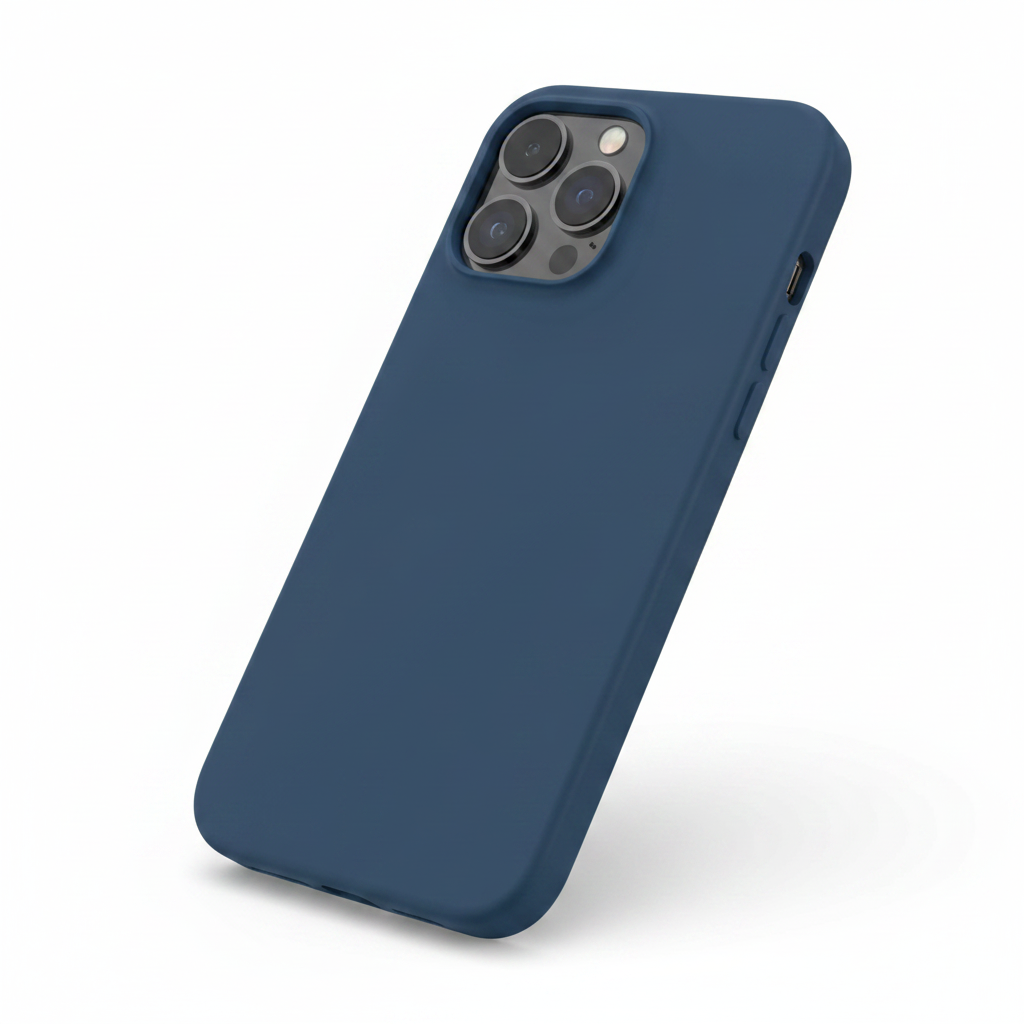 Schrägansicht des anco Liquid Silicone Case Blau für iPhone 14 Pro Max – schlankes Profil