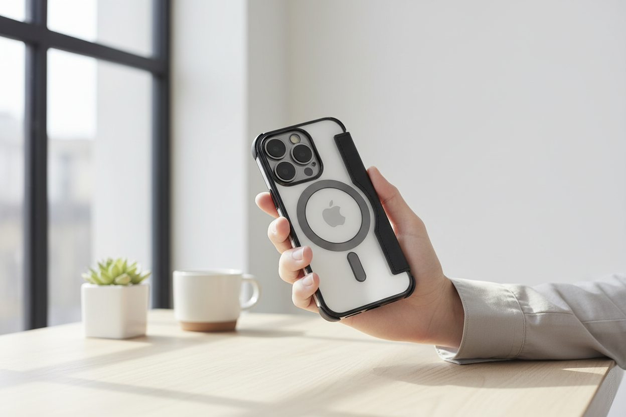 Person hält iPhone 15 Pro mit schwarzem anco Bookcase Smart Mag am modernen Arbeitsplatz