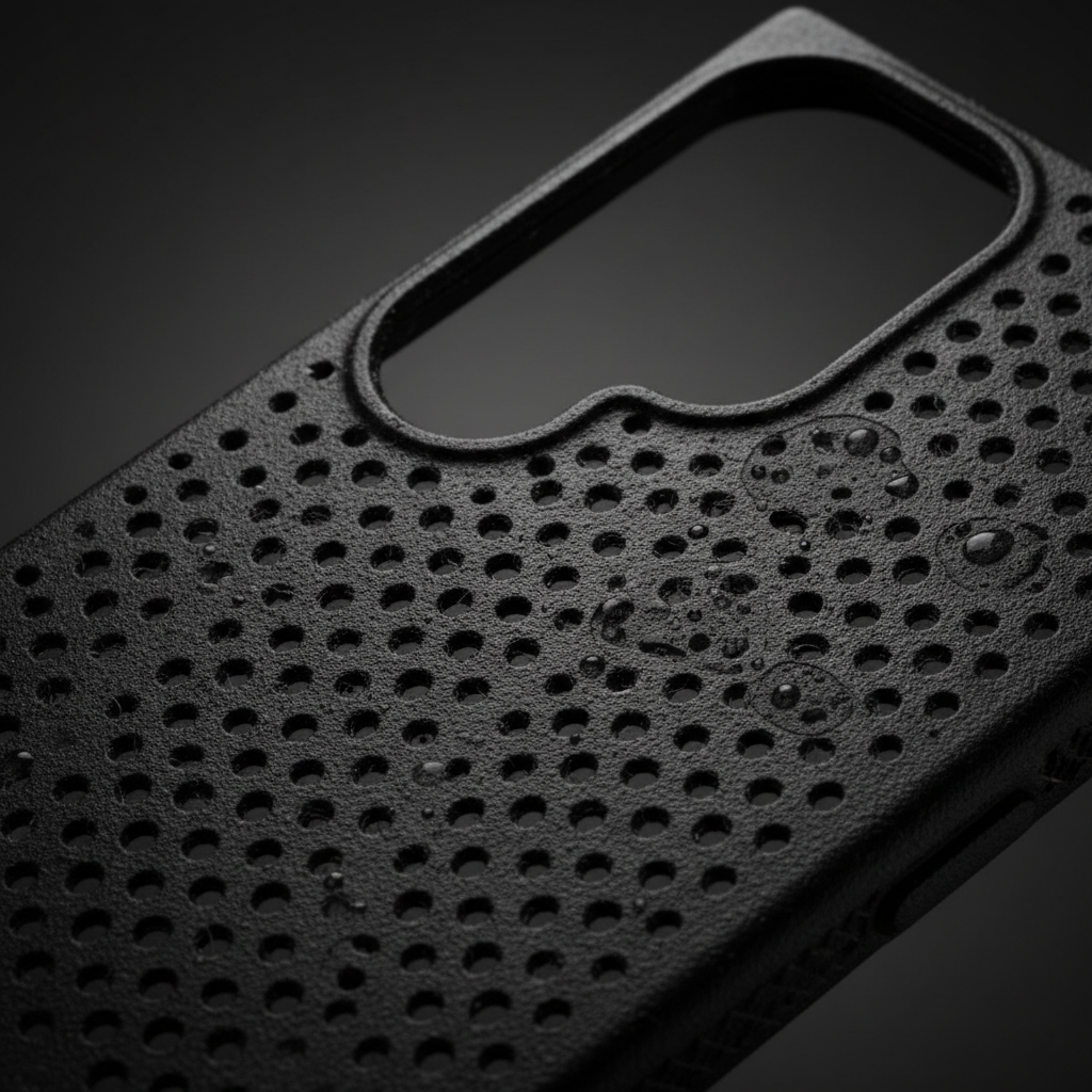 CARE Feature Case Heat Beat S25 Ultra – Detailansicht Perforations-Muster und recycelter Kunststoff