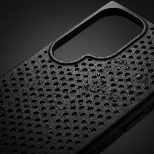 CARE Feature Case Heat Beat S25 Ultra – Detailansicht Perforations-Muster und recycelter Kunststoff