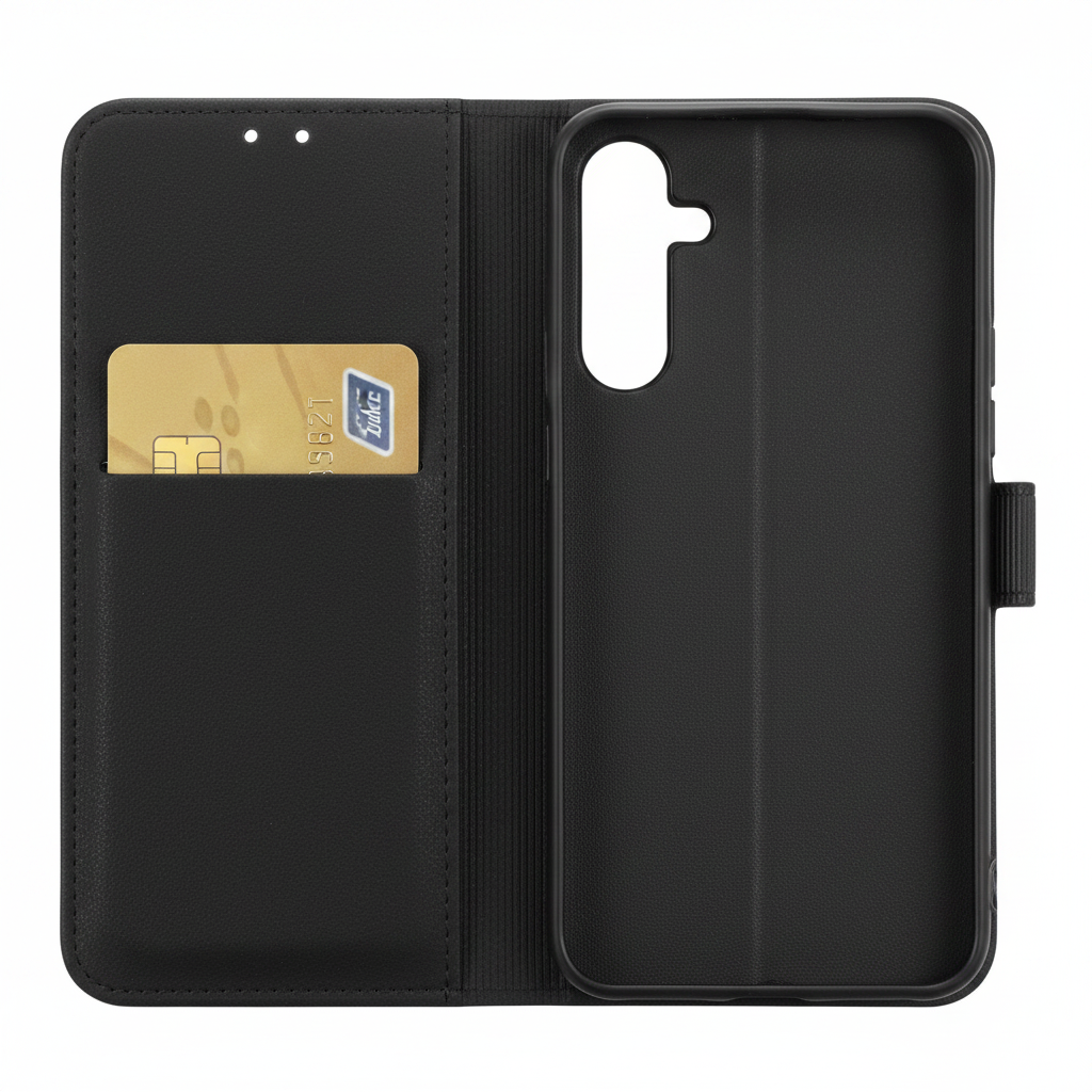 Mobeen Flip Cover – Detailansicht Kartenfach mit Karte und Kamera-Ausschnitt