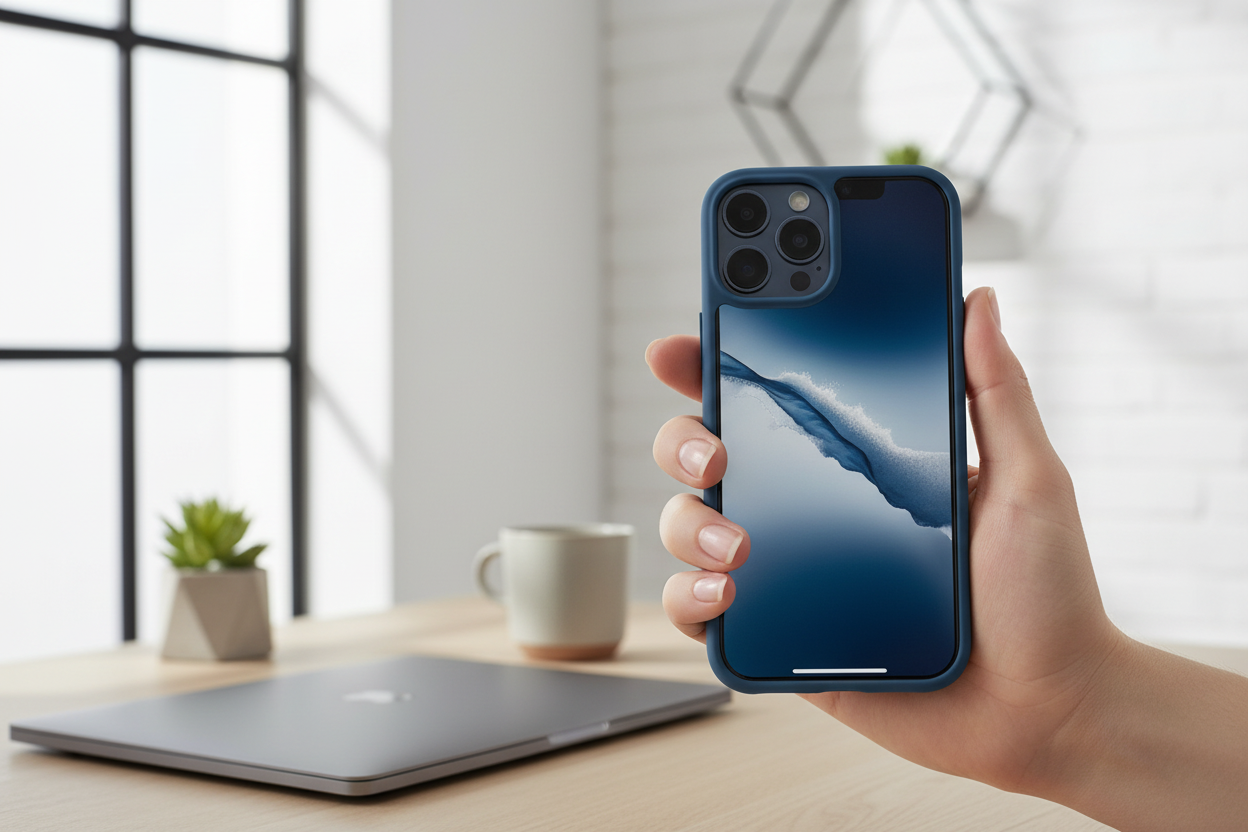 Person hält iPhone 14 Pro Max mit blauem anco Liquid Silicone Case – angenehmer Grip