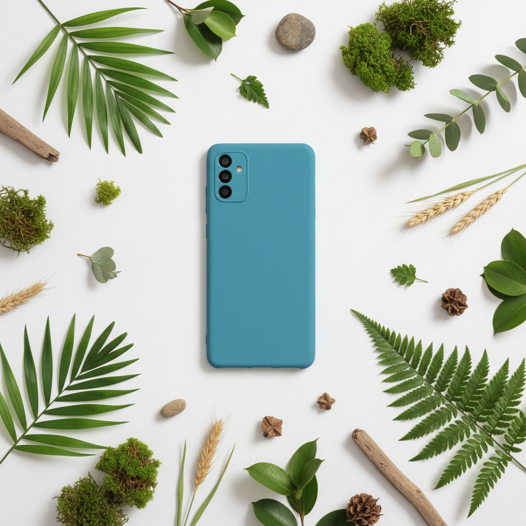 anco Bioly Case Galaxy A35 5G Blau – Nachhaltige Hülle mit Naturmaterialien Flat Lay