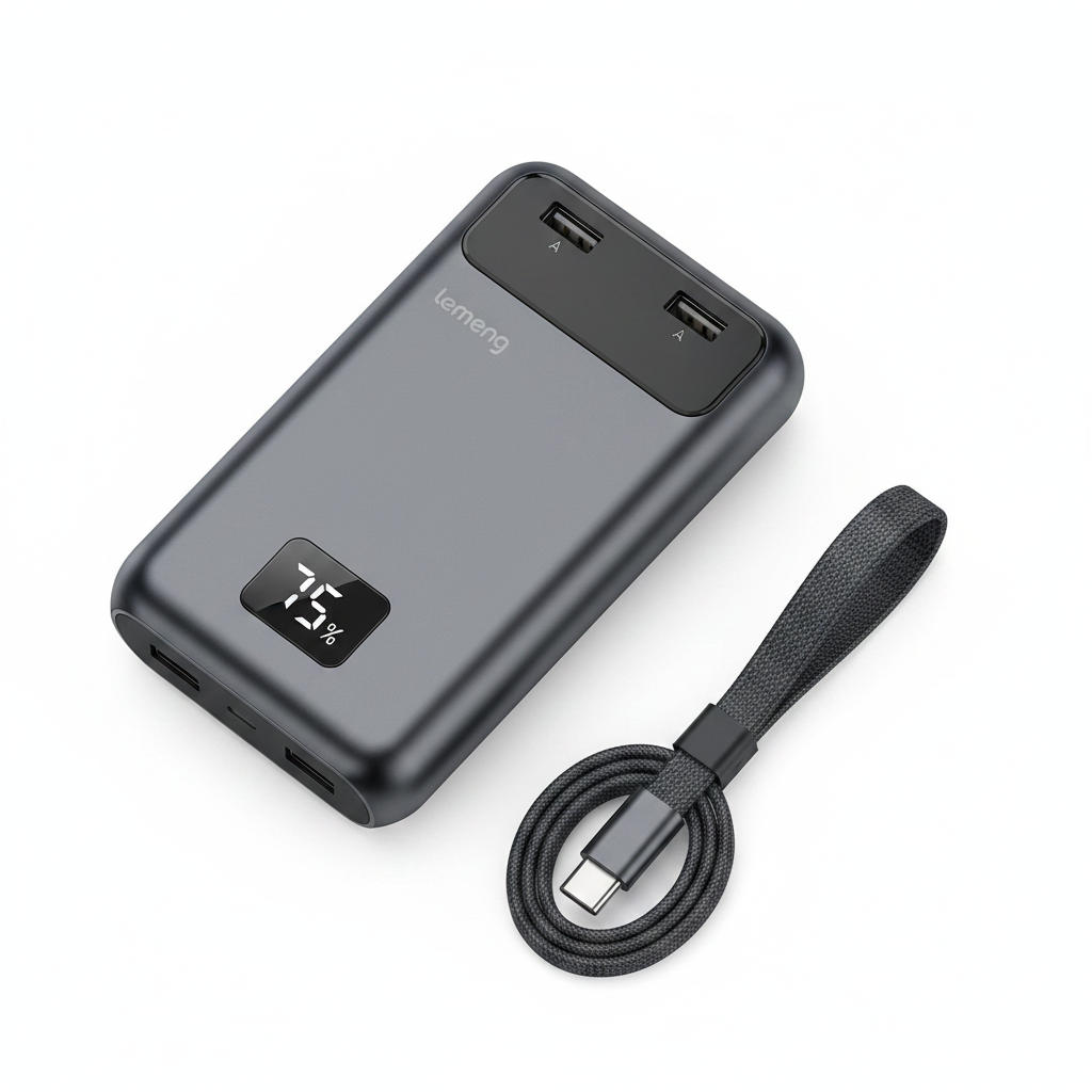 Powerbank Flat Lay weißer Hintergrund