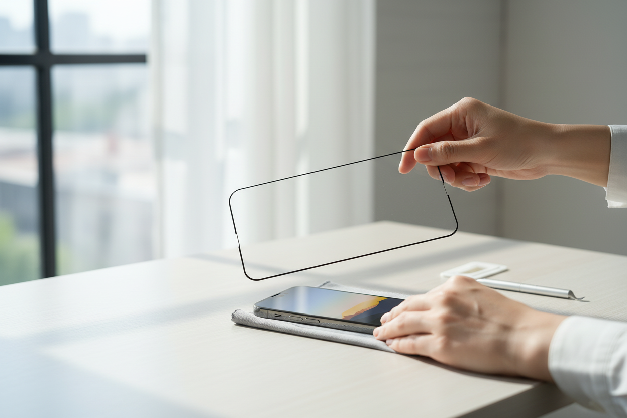 Person bringt OKKES 3D Full Cover Panzerglas auf Apple iPhone 15 Pro Max auf