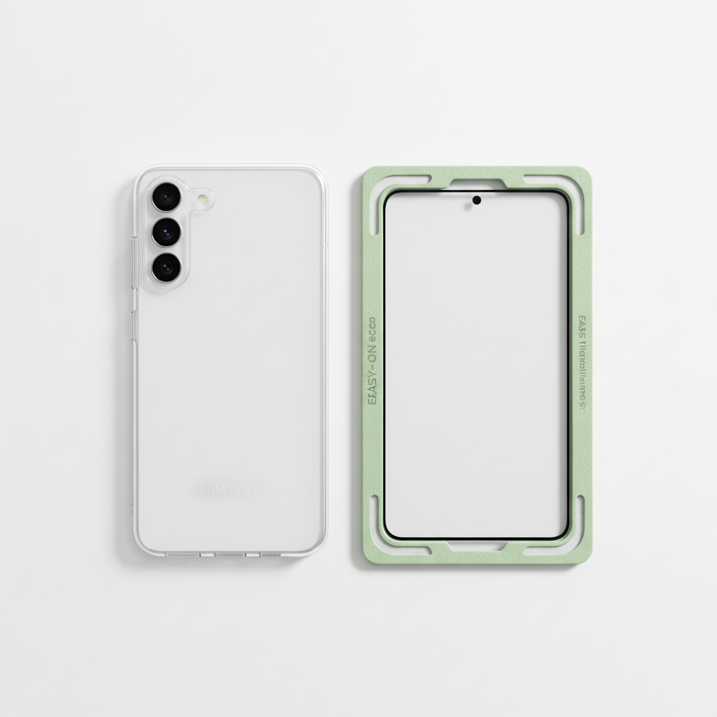 DISPLEX Real Glass + Case Galaxy S24 S25 – Bundle Flat Lay mit EASY-ON Montagerahmen