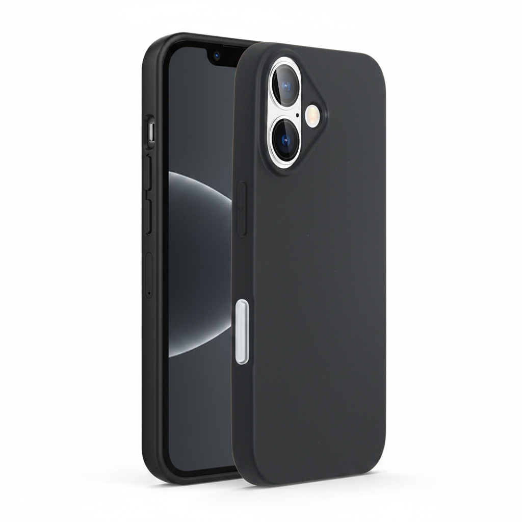 Schrägansicht der schwarzen okkes Basic TPU Hülle für iPhone 16 – ultradünnes Slim Profil