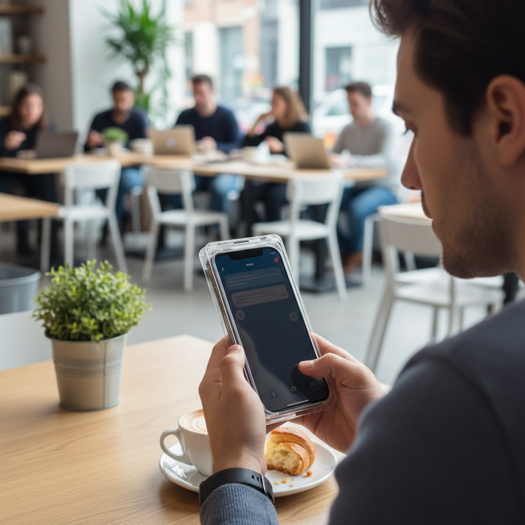 4smarts Second Glass Privacy iPhone 17e / 16e – Anwendung in der Öffentlichkeit