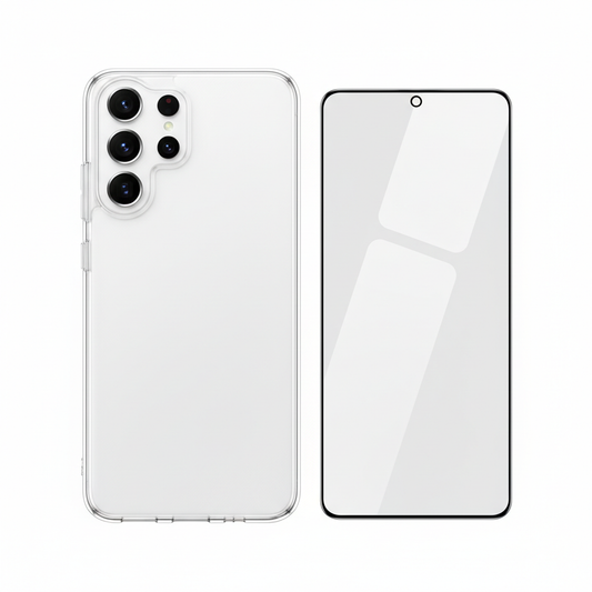 4smarts 360° Protection Set Galaxy S25 Ultra – Hauptbild Hülle und Panzerglas weißer Hintergrund