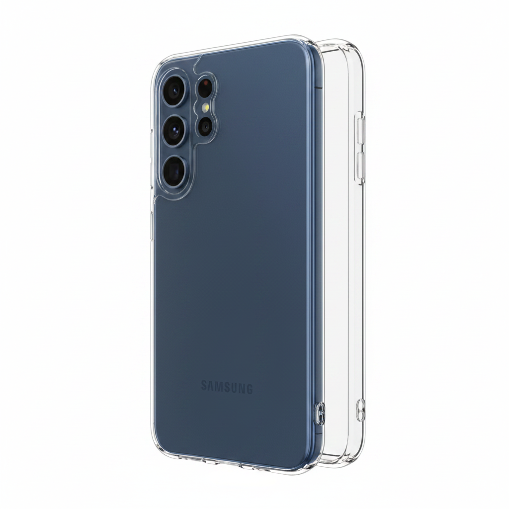 okkes AIR TPU Case S25+ – Schrägansicht Originalfarbe sichtbar durch transparentes Case