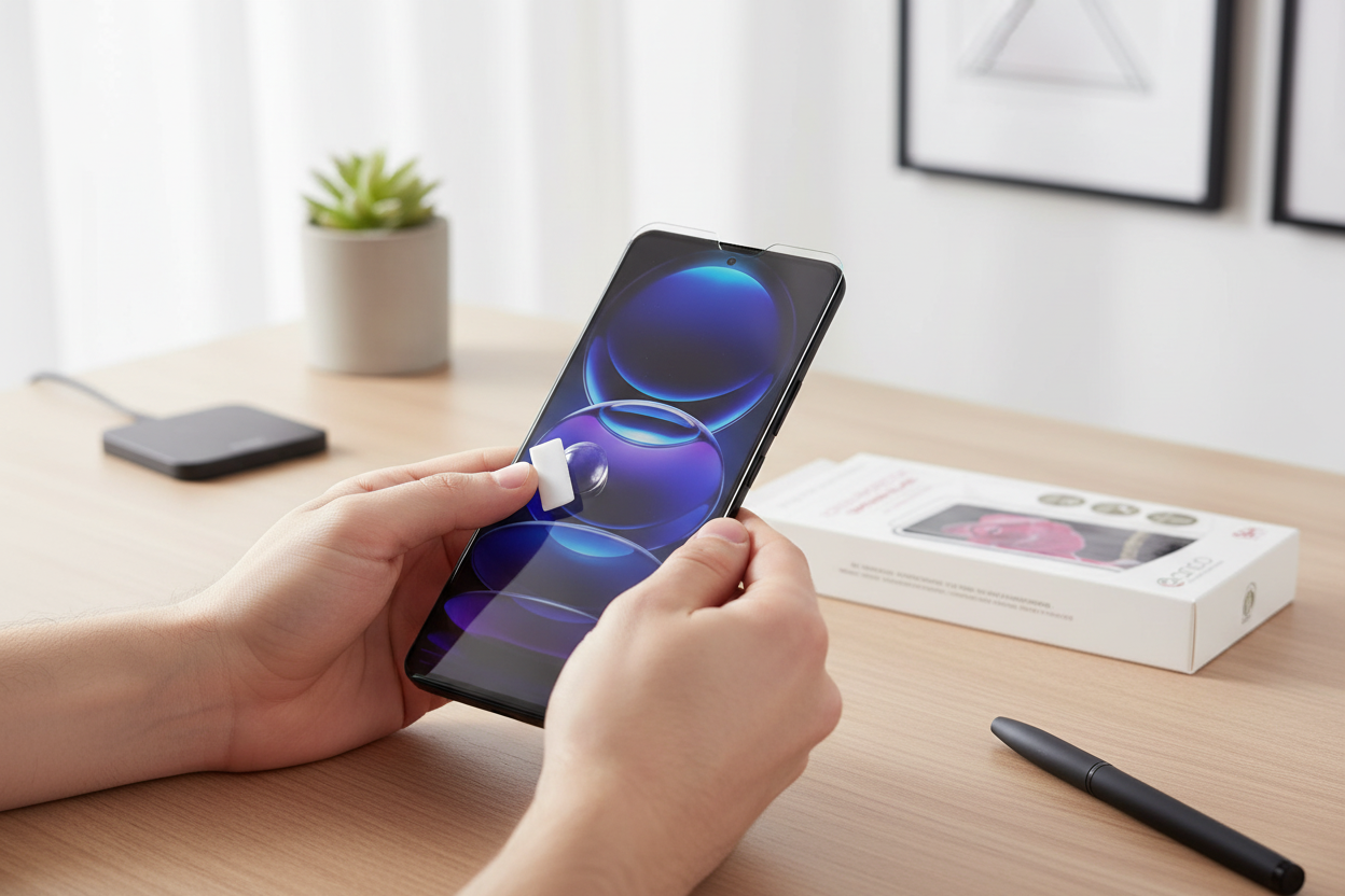 Blasenfreie Montage anco Panzerglas auf Xiaomi Redmi Note 12