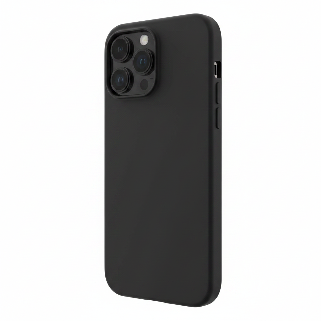 Schrägansicht des anco Liquid Silicone Case Schwarz für iPhone 14 Pro Max – schlankes Profil