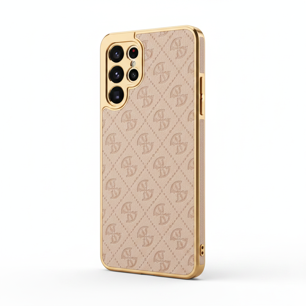 Guess 4G Gold Frame Case S26 Ultra Rosa – Schrägansicht Goldrahmen schlankes Profil