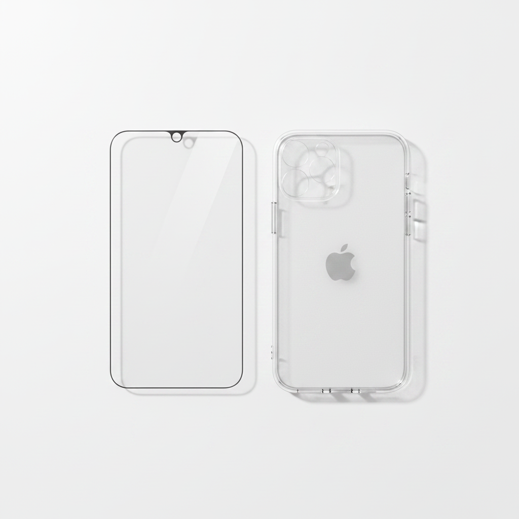 Bundle: Star Case Titan Plus Panzerglas und transparente Hülle für iPhone 15 und 16 als Flat Lay