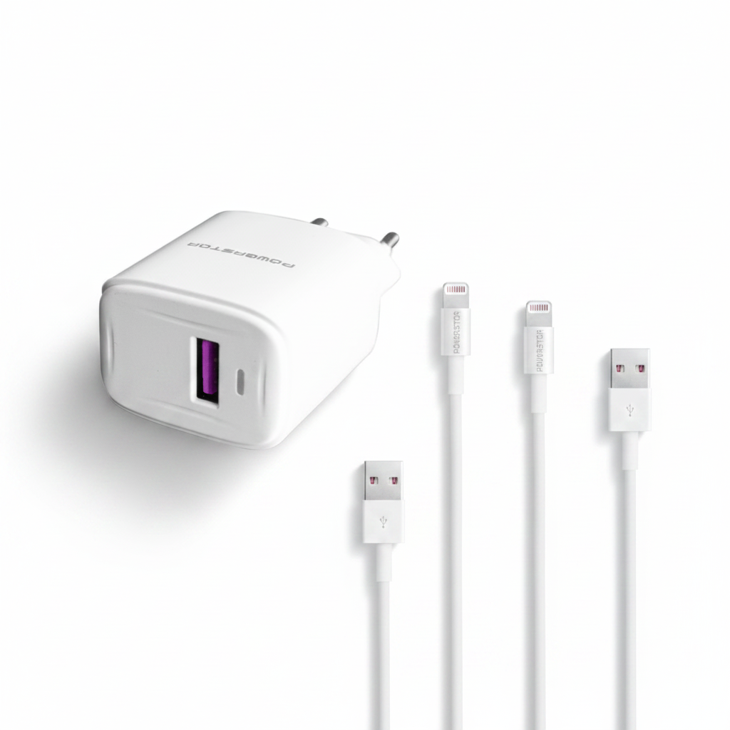 Powerstar Herkules 18W Ladegerät und Lightning Kabel als Bundle Flat Lay auf weißem Hintergrund