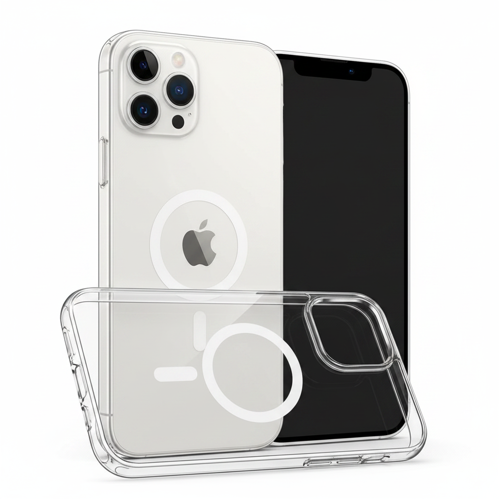 Transparente OKKES MagSafe Hülle auf Apple iPhone 14 Pro Max – MagSafe-Ring sichtbar