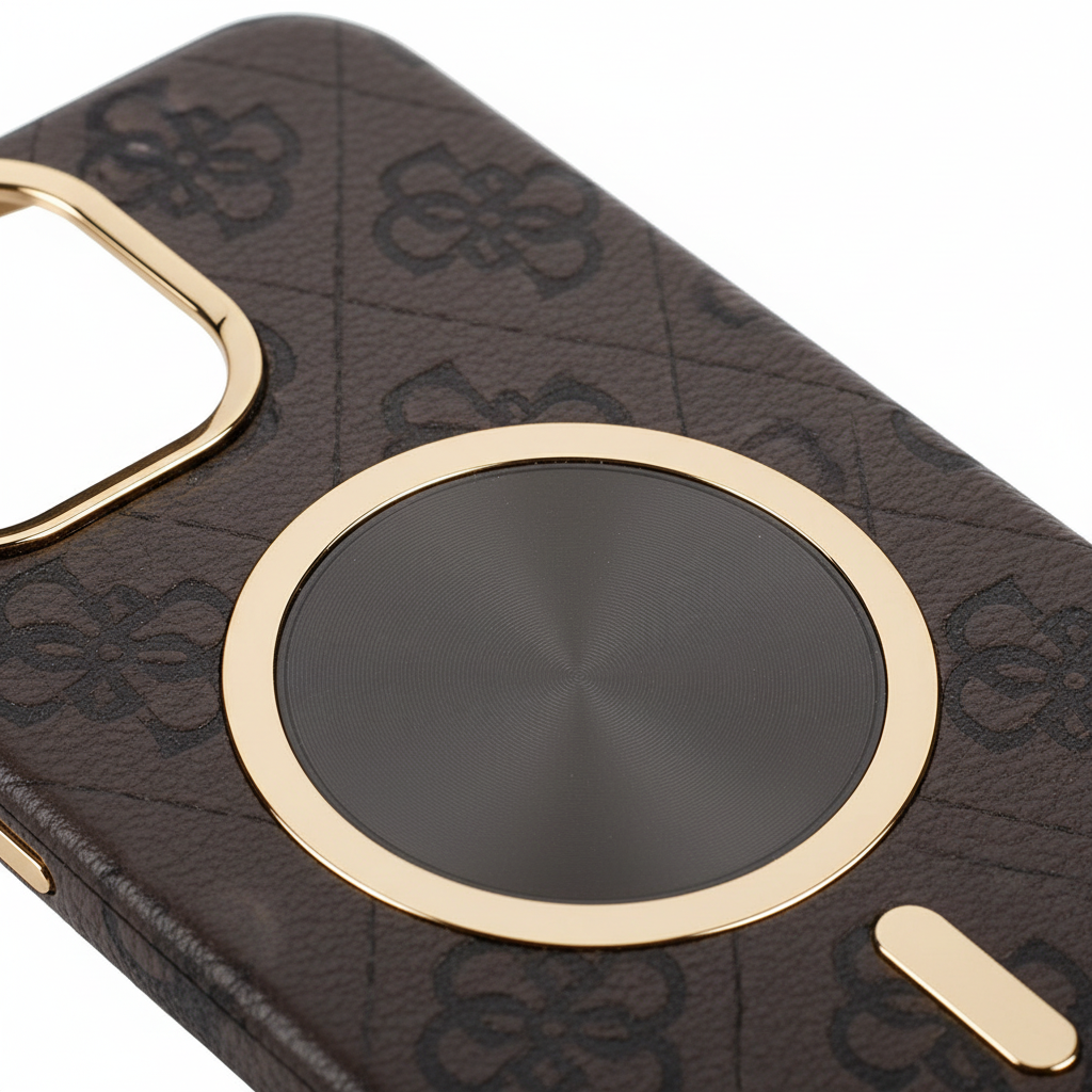 Guess 4G MagSafe Case – Detailbild MagSafe Ring & Leder-Textur