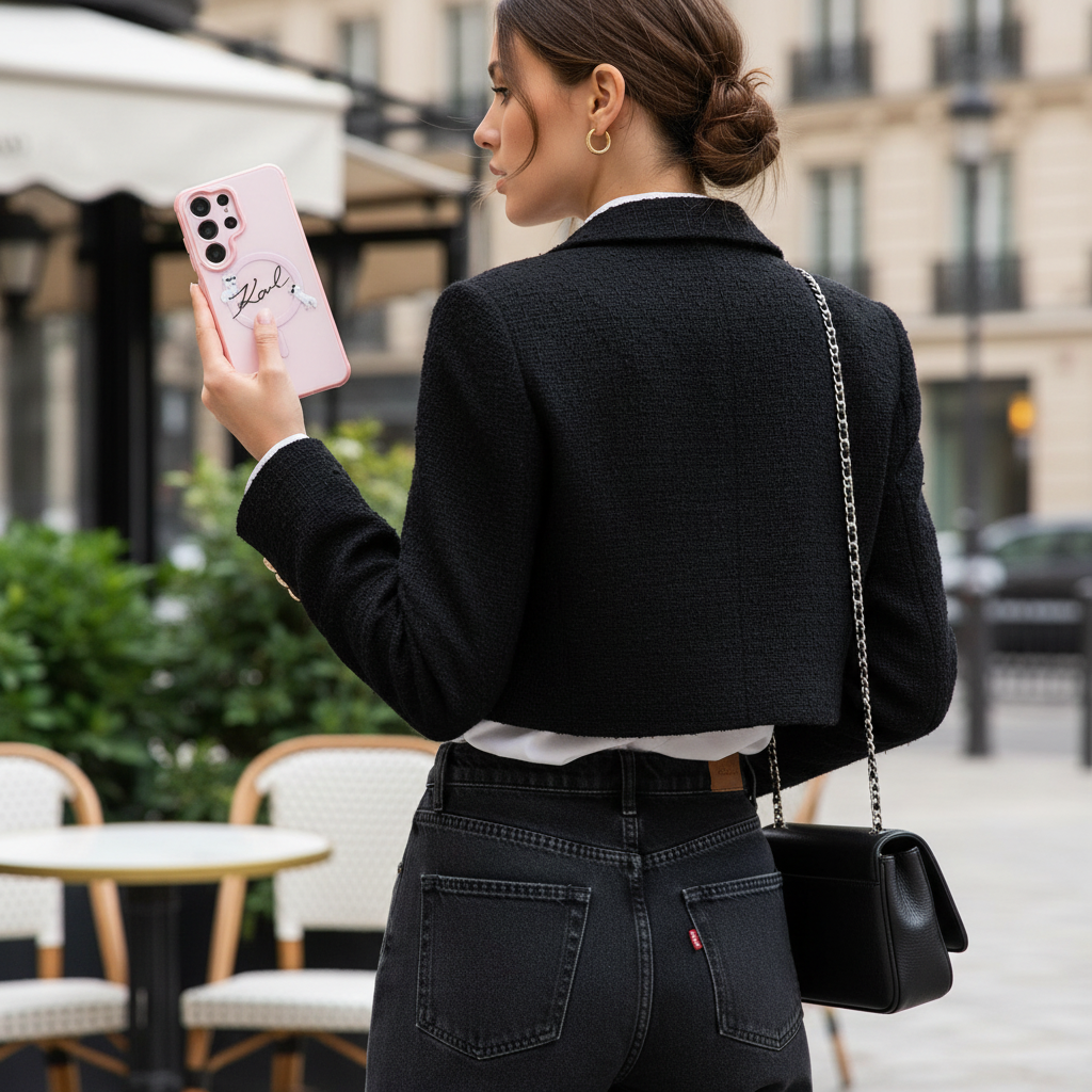 Karl Lagerfeld IML Choupette Case S26 Ultra – Lifestyle Frau hält Smartphone Pariser Flair