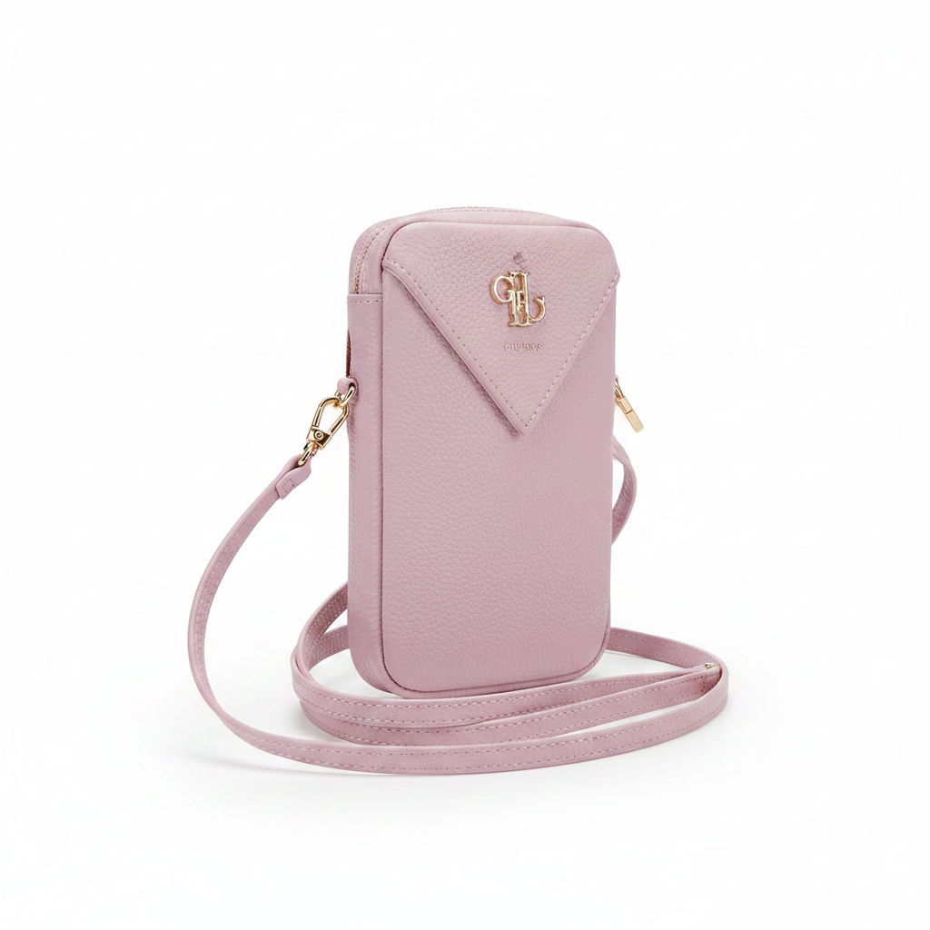 Schrägansicht der rosa Guess Phone Bag mit Crossbody-Gurt und schlankem Profil