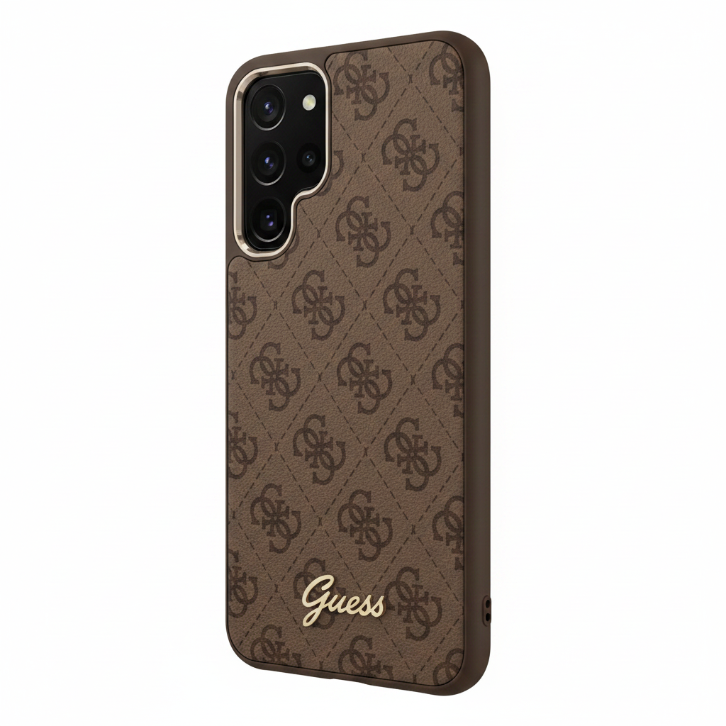 Guess 4G Script Metal Case S26 Ultra Brown – Schrägansicht schlankes Profil Kameraausschnitt