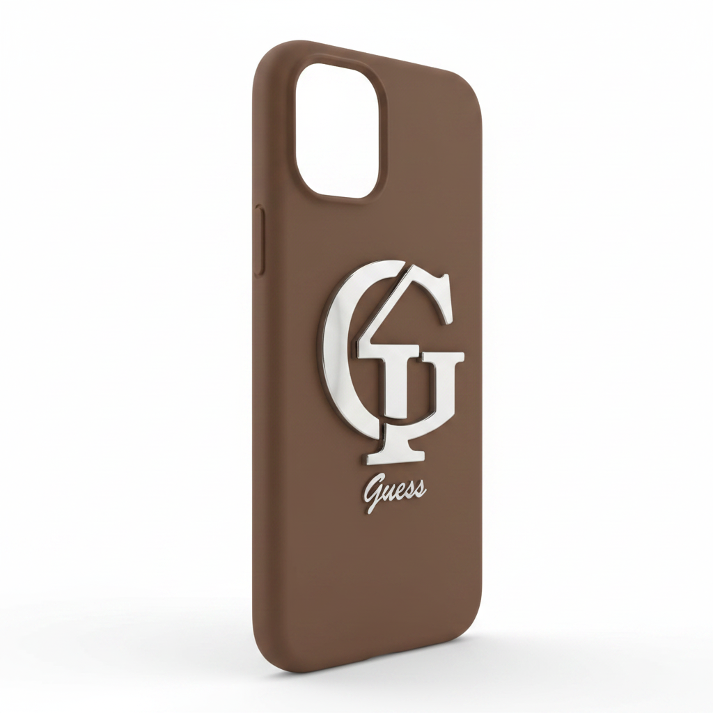 Guess 4G Silicone Script Metal Logo Case iPhone 17 Braun – Seitenansicht