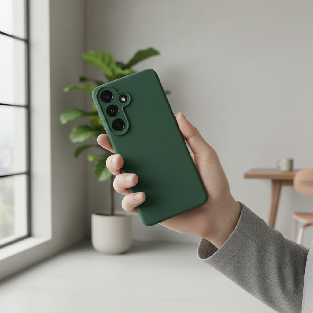 anco TPU Case S26+ – Lifestyle Person hält Smartphone matte Rückseite sichtbar