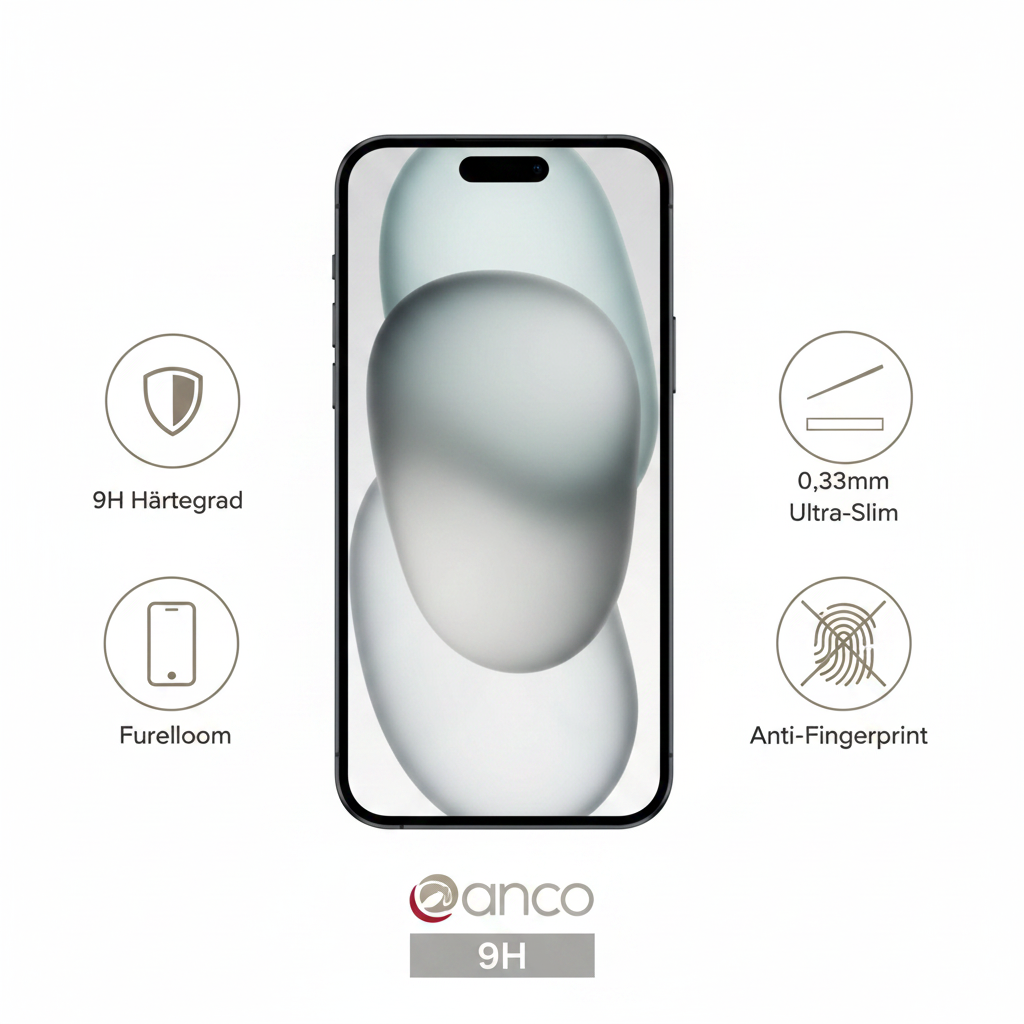 anco Panzerglas iPhone 15 – Features: 9H, 0,33mm, Fullscreen, Anti-Fingerprint