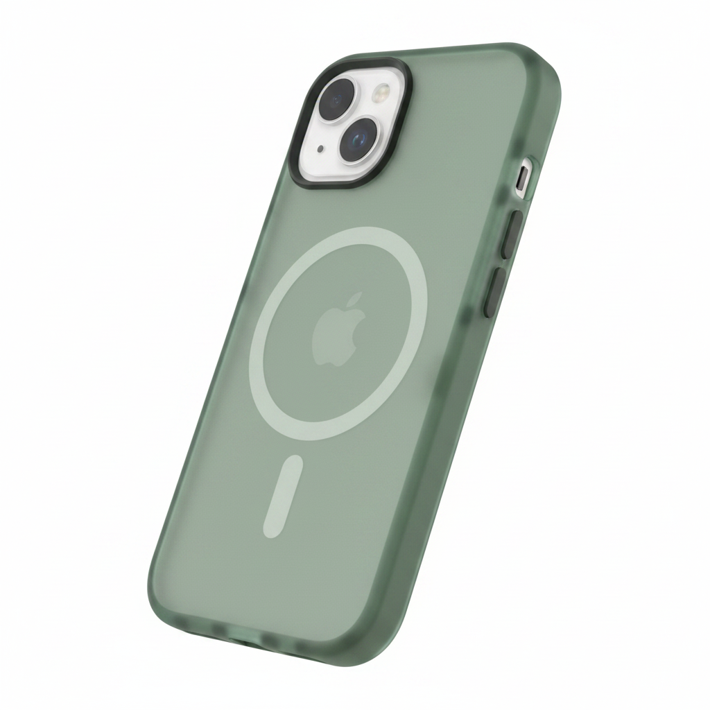 Schrägansicht des anco Magnetic Protect Case Frost Grün für iPhone 14 – schlankes Profil