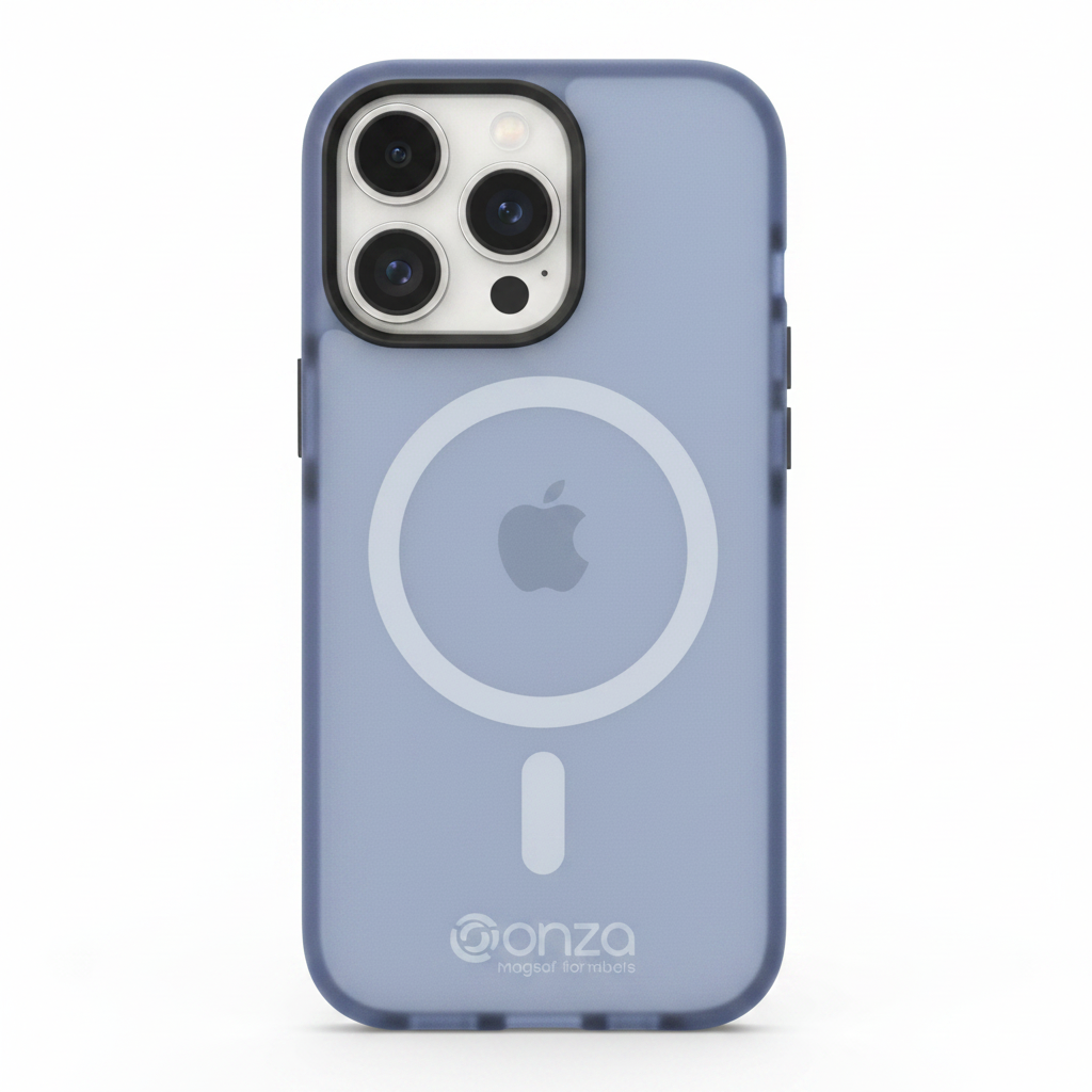 Frosted Blue iPhone 15 Pro MagSafe Hülle – Rückansicht mit MagSafe-Ring