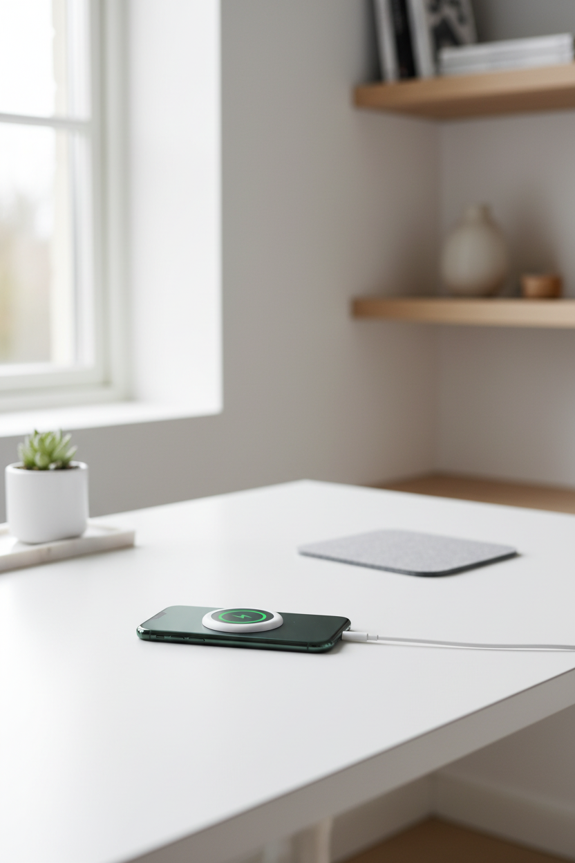 Apple MagSafe Charger – Lifestyle Foto am iPhone auf minimalistischem Schreibtisch