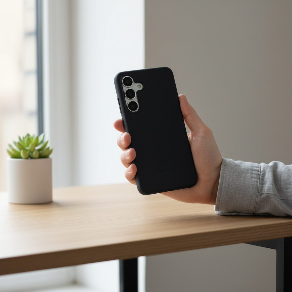 anco Bioly Case Galaxy S25 – Lifestyle Rückansicht nachhaltige Hülle in der Hand
