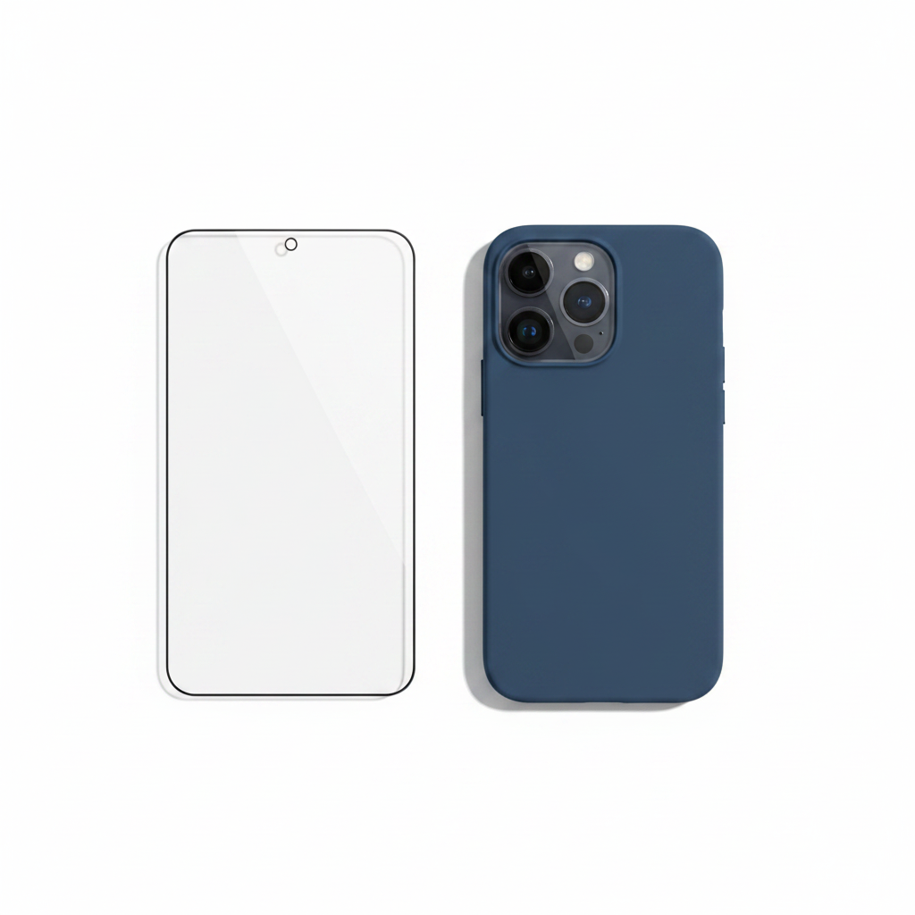 Bundle: anco Liquid Silicone Case Blau und Panzerglas für iPhone 14 Pro als Flat Lay
