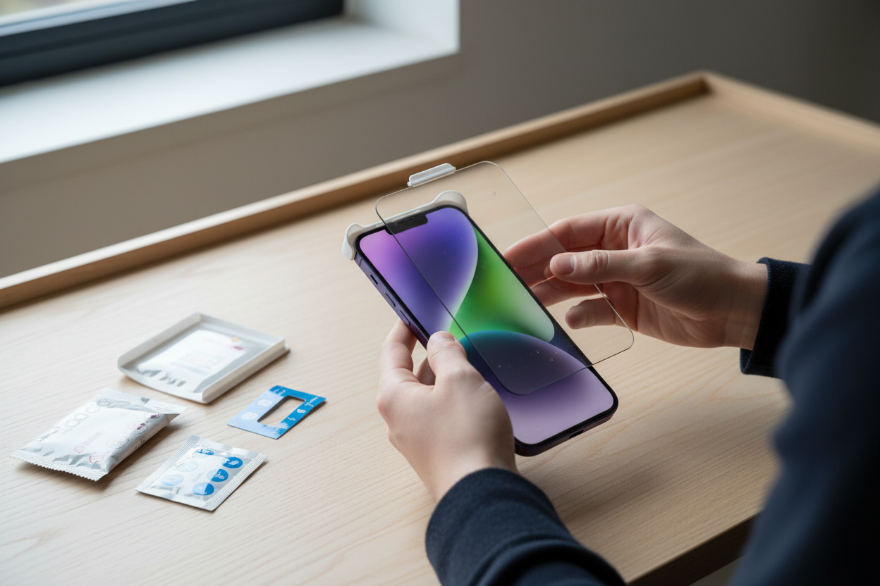 Person bringt anco Fullscreen Panzerglas mit Montageset auf Apple iPhone 14 Plus auf