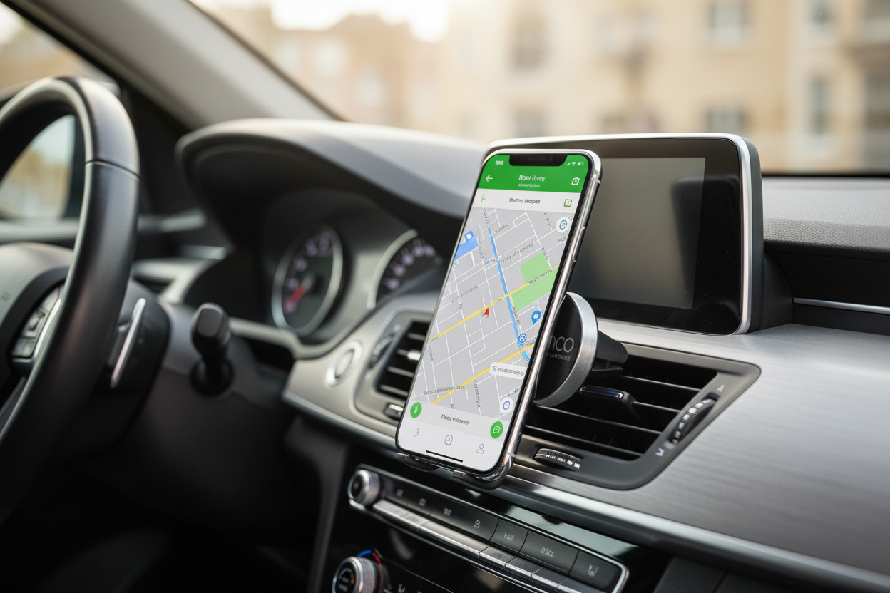 anco magnetische Handyhalterung am Lüftungsgitter mit Smartphone und Navigation im Auto