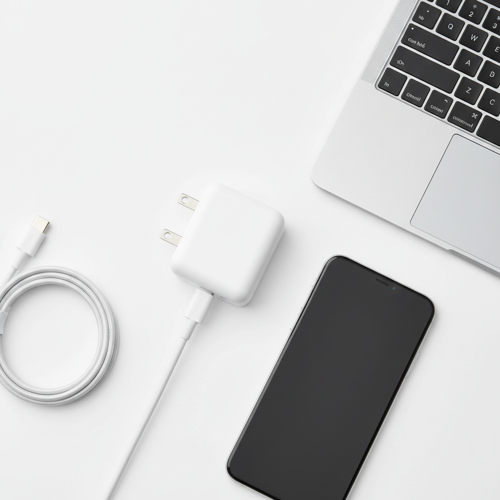 4smarts PDPlug Slim Dual 65W GaN – Flat Lay mit Kabeln