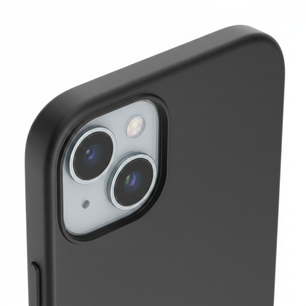 Nahaufnahme des Kameraausschnitts und der Polycarbonat Oberfläche des Spigen Thin Fit Case für iPhone 14 Plus
