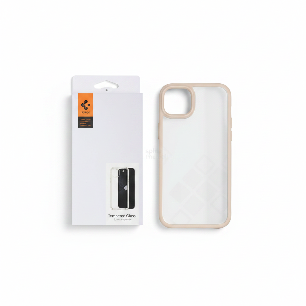 Bundle: Spigen Ultra Hybrid Case Sand Beige und Panzerglas für iPhone 14 Plus als Flat Lay