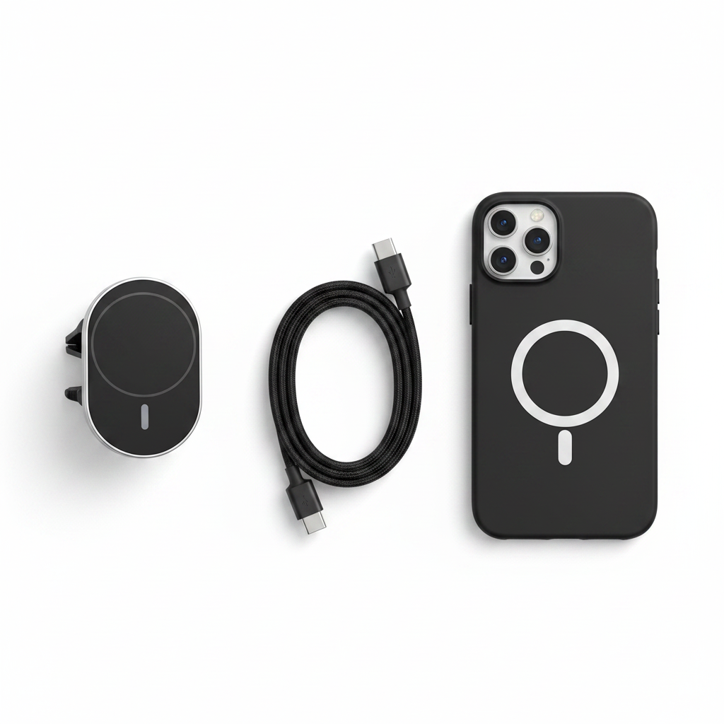 Bundle: anco Magnetic Car Charger 15W mit USB-C Kabel und MagSafe Hülle als Flat Lay