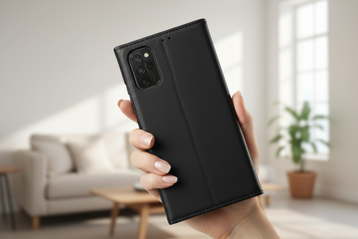 Xiaomi Redmi Note 11 Pro+ 5G mit anco Bookcase in der Hand