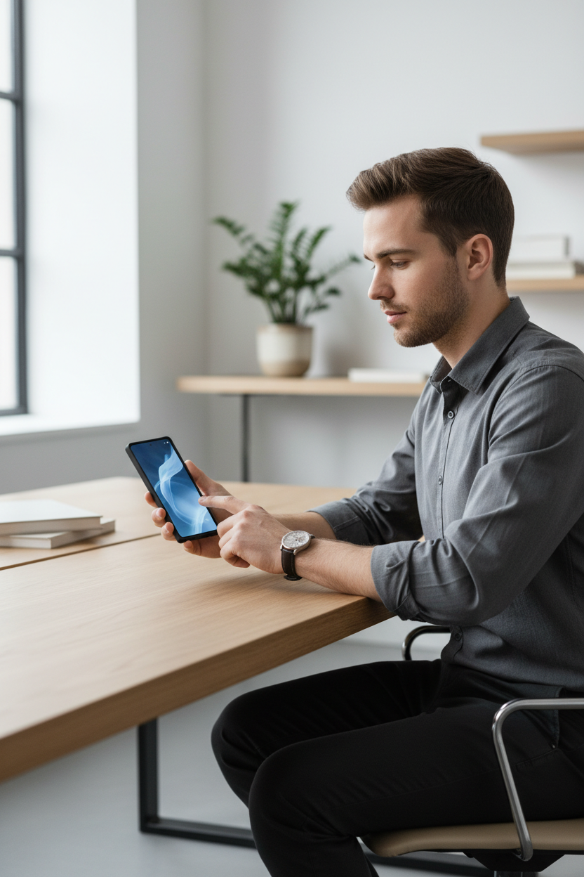 anco Dark Case S26 Ultra – Lifestyle Foto im modernen Büro