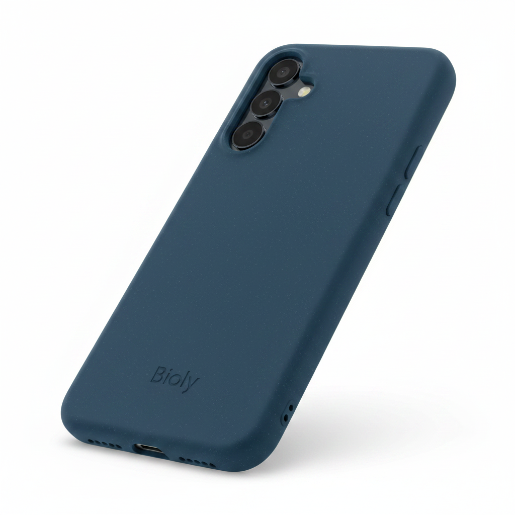 anco Bioly Case Galaxy A15 5G Dark Blue – Schrägansicht natürliche Eco-Textur Seitenprofil